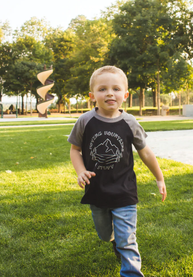 SALE - Toddler Unisex - 'Moving Mountains & Stuff' Raglan Tee - Black/Heather Grey