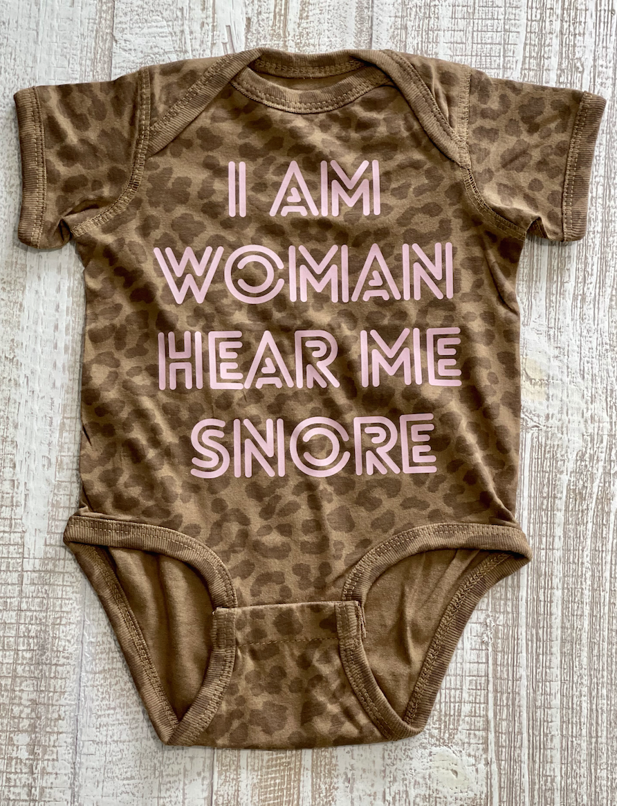 I Am Woman, Hear Me Snore Onesie - Leopard/Pink